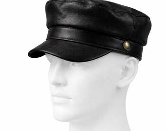 Handmade Black Leather Biker Cap | Vintage Military Motorcycle Style Riding Hat