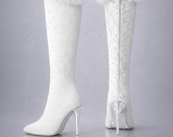 White Crystal Stiletto Boots | Faux Fur Trim Winter Heels (Bridal Party)