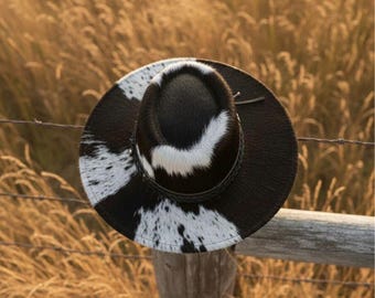 Handmade black & White Cowhide Leather Cowboy Hat | Western Style Rodeo Hat | Unique Fashion Gift