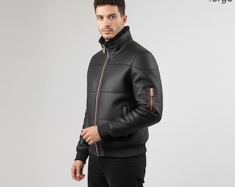 Men’s Black Sheepskin Leather Jacket with Fur Collar | Handmade Winter Biker Coat