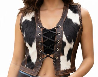 Chaleco de piel de vaca con pelo para mujer / Chaleco con botones estilo western / Pieza llamativa de cuero genuino