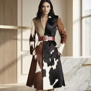 Patchwork Cowhide Print Trench Coat | Multi Color Faux Fur Cow Print Jacket with Belt | Western Runway Style Overcoat