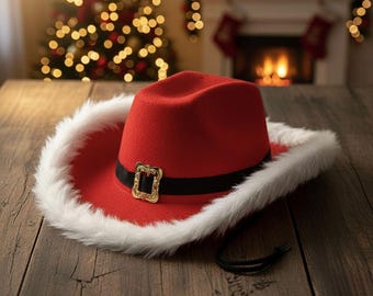 Santa Cowboy Hat | Red Christmas Western Hat with Fur Trim & Buckle