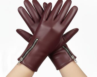 Sheepskin Leather Gloves with Fleece Lining | Zipper Detail