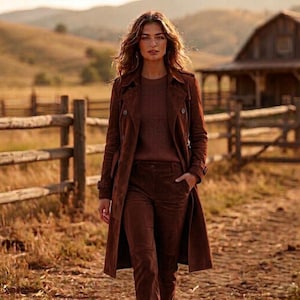 May include: A dark brown suede trench coat worn over a matching ribbed sweater and dark brown suede trousers. The coat features a double-breasted front with buttons, a notched collar, and long sleeves with buckled cuffs, creating a monochromatic look.