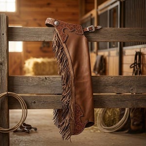 May include: A brown leather chap featuring intricate floral tooling on the upper yoke and lower leg sections. The garment includes a long fringe along the side, a silver-toned metal buckle closure at the top, and a decorative silver concho detail.