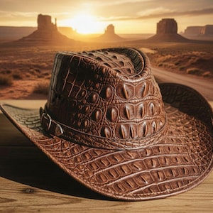 Op de afbeelding: Een bruine cowboyhoed met een textuur die op krokodillenleer lijkt. De hoed heeft een brede rand en een decoratieve band met een zilveren gesp. De achtergrond toont een woestijnlandschap met mesas en een zonsondergang.
