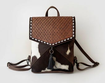 Hand Tooled Leather & Cowhide Backpack | Rustic Boho Laptop Bag with Adjustable Straps