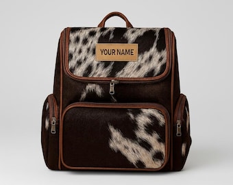 Zaino per pannolini in pelle di vacchetta / Etichetta personalizzata / Borsa da viaggio rustica per neonati in stile western