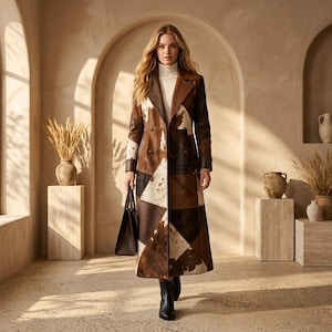 May include: A long, double-breasted coat featuring a patchwork design of brown, tan, and white cowhide leather panels. The coat is worn over a white turtleneck sweater and is paired with black leather boots and a dark brown leather handbag.