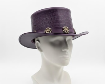 Cappello a cilindro in pelle con texture coccodrillo / Cappello da cowboy steampunk / Stile gotico occidentale fatto a mano