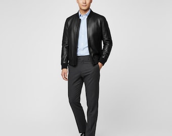 Men’s Leather Bomber Jacket | Genuine Leather Zip-Up Jacket | Classic Casual Outerwear