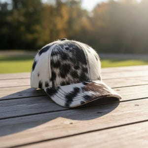 Könnte beinhalten: Baseballcap mit Kuhfellmuster in Schwarz und Weiß. Die Kappe besteht aus weichem Material und hat einen gebogenen Schirm. Der Hut liegt auf einer Holzoberfläche.