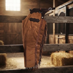 Skórzane czapsy w stylu western z kieszenią | Zamszowe czapsy do pokazów strzelb z frędzlami, brązowe czapsy do jazdy rodeo, spersonalizowany prezent dla kowbojki