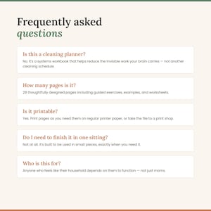 May include: A digital graphic titled Frequently asked questions with five sections. It addresses if it is a cleaning planner, page count of 28, printability, completion time, and target audience, all presented in a clean, organized layout.