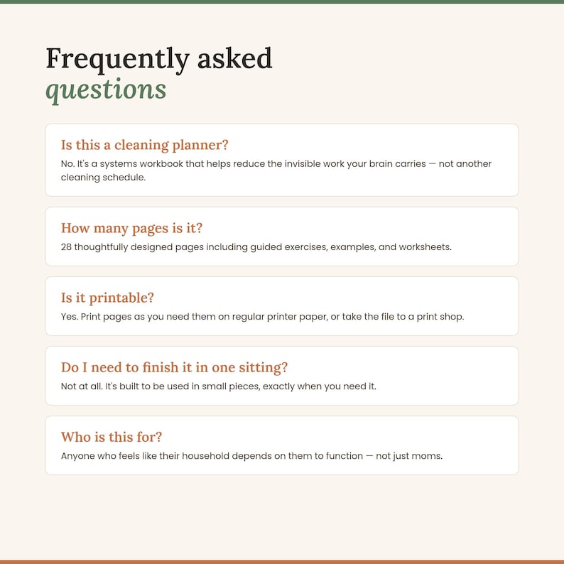 May include: A digital graphic titled Frequently asked questions with five sections. It addresses if it is a cleaning planner, page count of 28, printability, completion time, and target audience, all presented in a clean, organized layout.