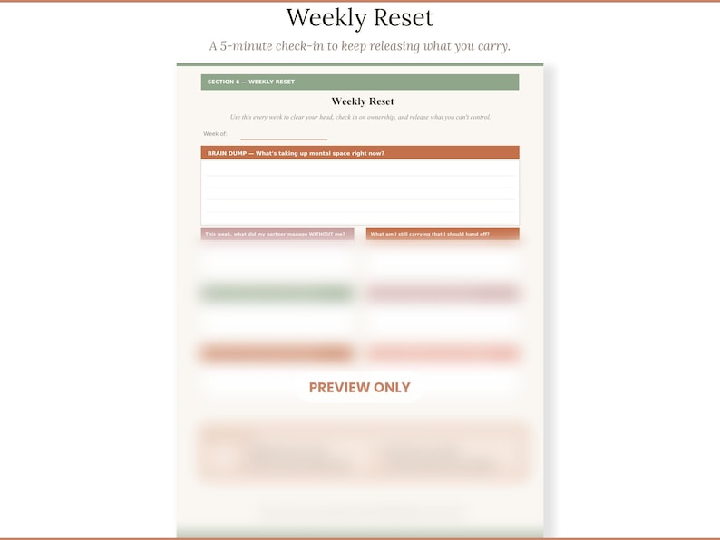 May include: A Weekly Reset planner page featuring a green header, a Brain Dump section with lined space, and prompts for reflection. The text includes Weekly Reset, A 5-minute check-in to keep releasing what you carry, and PREVIEW ONLY.
