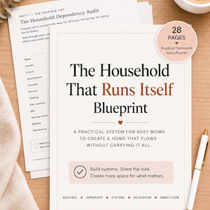 May include: A 28-page document titled The Household That Runs Itself Blueprint, featuring a practical framework for home management. The cover includes the text A practical system for busy moms to create a home that flows without carrying it all.