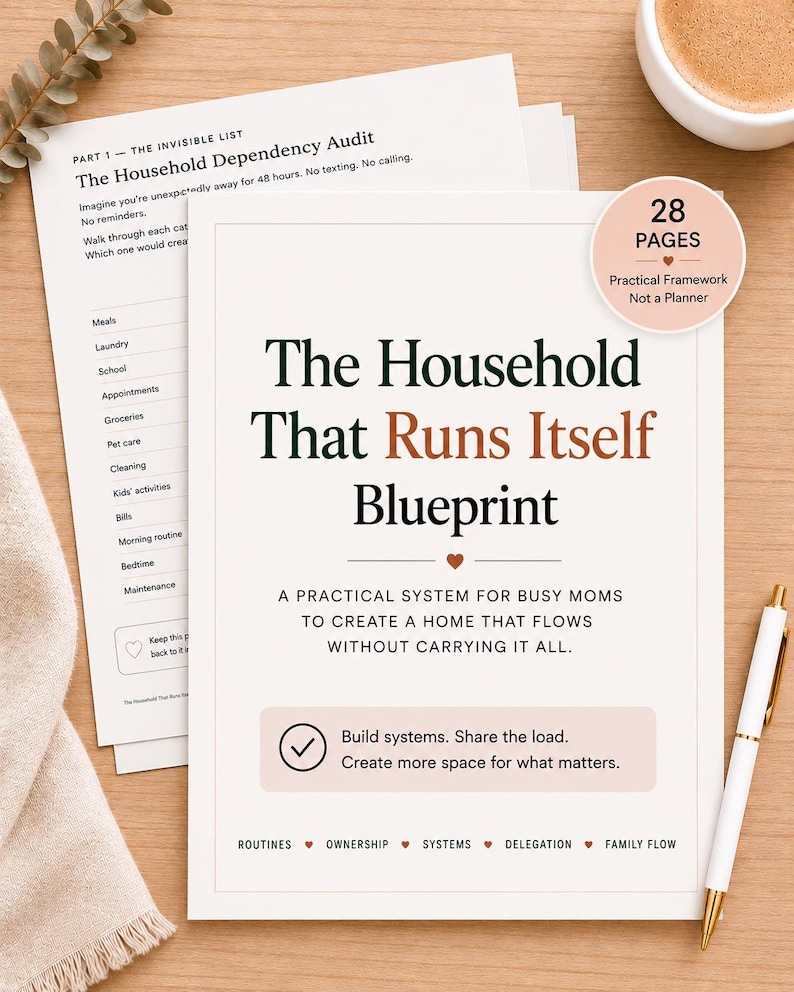 May include: A 28-page document titled The Household That Runs Itself Blueprint, featuring a practical framework for home management. The cover includes the text A practical system for busy moms to create a home that flows without carrying it all.