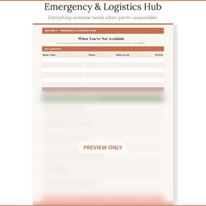 May include: A printable document titled Emergency & Logistics Hub with the subtitle Everything someone needs when you're unavailable. It features a table labeled Key Contacts with columns for Name/Role, Phone, When to Call, and Priority.
