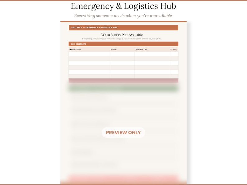 May include: A printable document titled Emergency & Logistics Hub with the subtitle Everything someone needs when you're unavailable. It features a table labeled Key Contacts with columns for Name/Role, Phone, When to Call, and Priority.