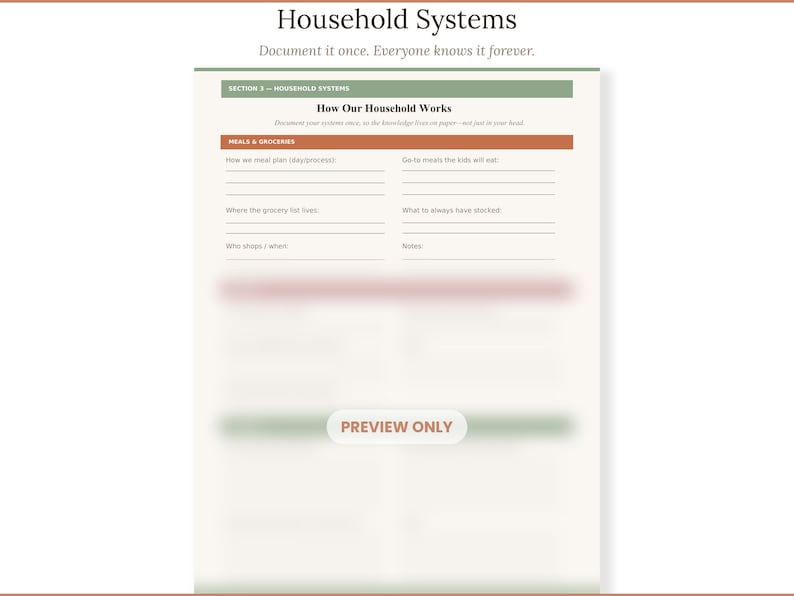 May include: A printed household systems document featuring the title Household Systems and a section titled How Our Household Works. The form includes fields for meals and groceries, with lines for meal planning, grocery lists, and shopping schedules.