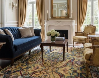 May include: A living room with a navy blue sofa, two armchairs, and a patterned rug. The room features a fireplace, a chandelier, and gold-colored curtains. The rug has a yellow, red, and blue design.