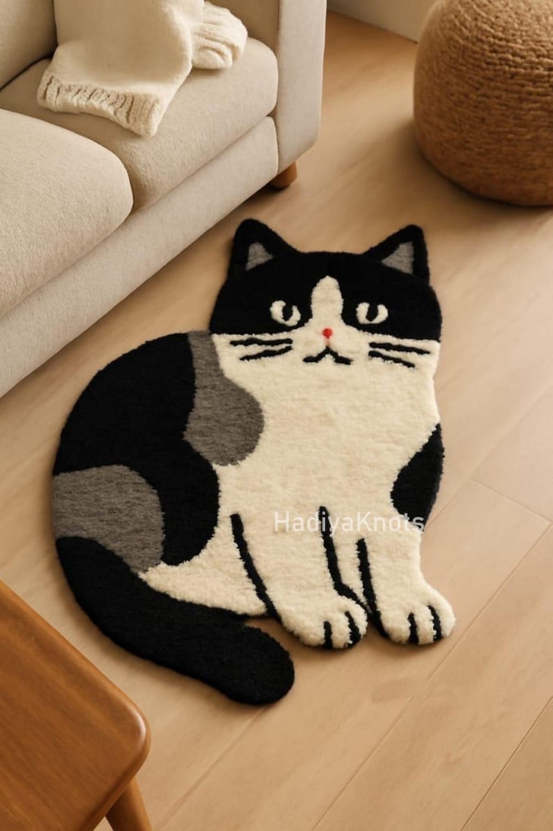 Hand-tufted Cat Rug – Charming Black and White Animal Floor Mat - Etsy