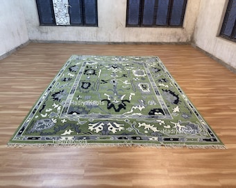 Sage Green Oushak Wool 9x12 Rug – Hand-Knotted Turkish Floral Carpet Quick Ship
