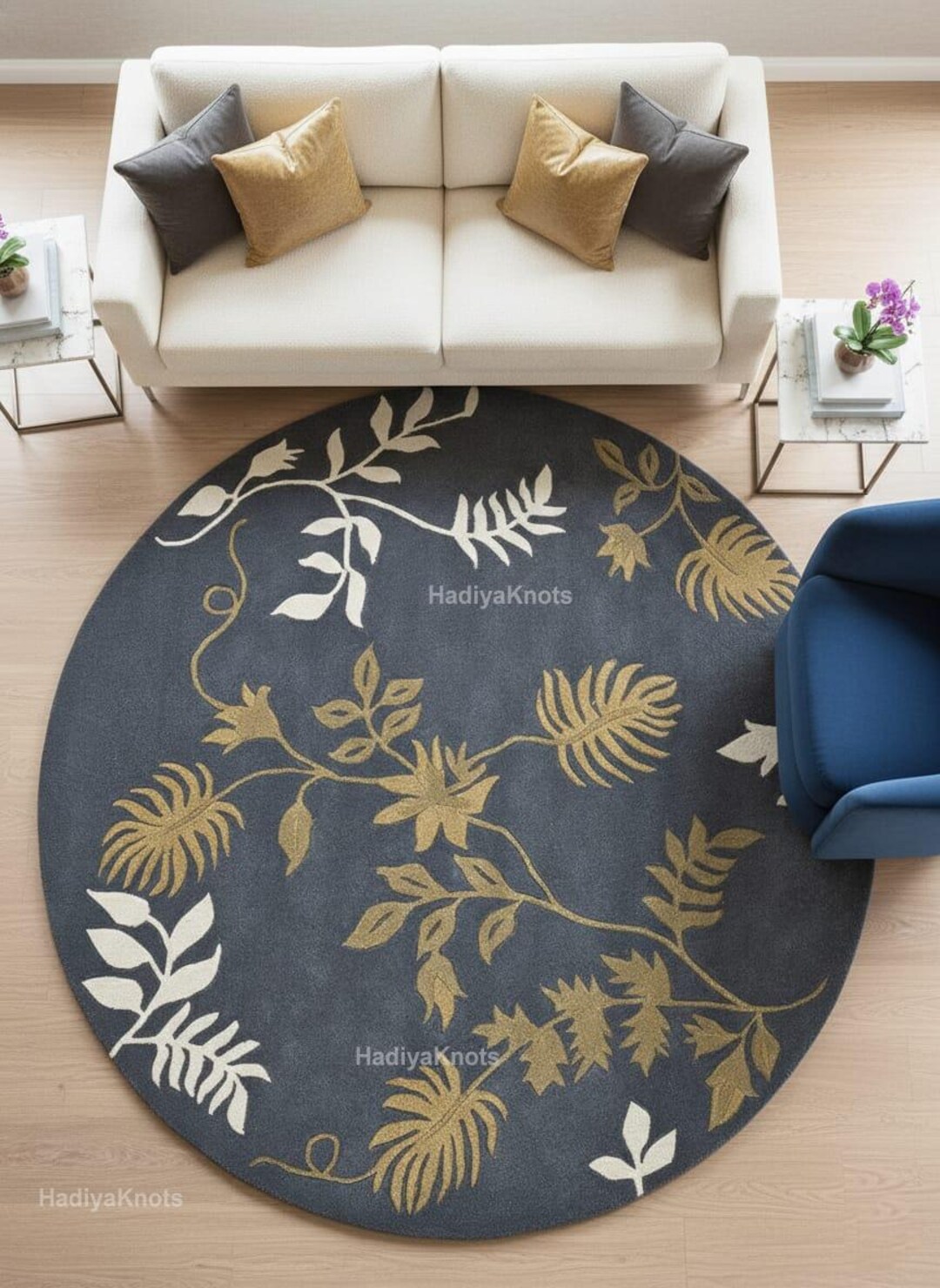 Round Grey Rug Wool Hand-tufted Wool Round Rug | Charcoal Grey, Gold & Ivory Floral - Etsy