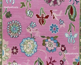 Hand-Knotted Wool Area Rug – Traditional Floral Geometric Carpet