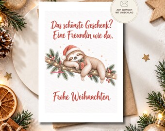 Carte de Noël pour un(e) ami(e) passionné(e) de paresseux – « Le meilleur cadeau ? » – Carte postale A6 ou carte pliée premium, carte de vœux de Noël