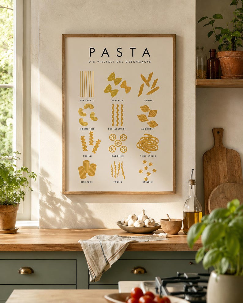 K&ouml;nnte beinhalten: Ein gerahmtes Wandposter mit einer &Uuml;bersicht gelber Nudelillustrationen auf cremefarbenem Grund. Der Text lautet PASTA DIE VIELFALT DES GESCHMACKS, mit Bezeichnungen f&uuml;r Spaghetti, Farfalle, Penne, H&ouml;rnchen, Fusilli Lunghi, Muscheln, Fusilli, R&auml;dchen, Tagliatelle, Rigatoni, Trofie und Stelline.