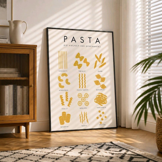 Minimalistisches Pasta Poster | Italienische Küche Wandbild | Moderne Küchen Deko | A4 & A3