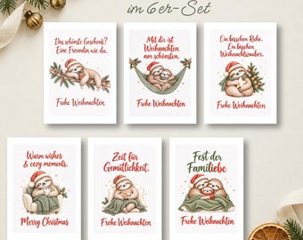 Lot de 6 cartes de Noël avec paresseux – six illustrations aquarelles au format carte postale A6 ou carte pliée, enveloppes en option, jolies cartes de vœux