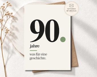 Moderne Geburtstagskarte zum 90. „Was für eine Geschichte“ für Frauen und Männer, Postkarte oder Klappkarte, Geburtstagsgeschenk
