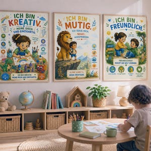 Könnte beinhalten: Drei gerahmte Wandposter mit deutschem Text und farbenfrohen Illustrationen von Kindern. Das linke Poster zeigt ICH BIN KREATIV, das mittlere ICH BIN MUTIG und das rechte ICH BIN FREUNDLICH. Jeder Druck enthält kleine Symbole und motivierende Sätze.