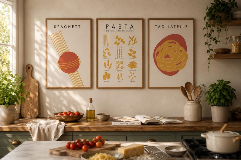 K&ouml;nnte beinhalten: Drei rechteckige Wandbilder in Holzrahmen mit Nudelillustrationen. Das linke Bild zeigt Spaghetti, das mittlere Bild zeigt verschiedene Nudelformen mit dem Text PASTA und das rechte Bild zeigt ein Nest aus Tagliatelle.