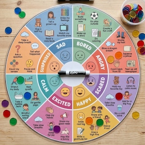 Op de afbeelding: Een cirkelvormig emotiewiel met acht kleurgecodeerde secties met de labels Sad, Bored, Angry, Scared, Happy, Excited, Calm en Surprised. Elke sectie bevat geïllustreerde iconen en copingstrategieën. Een zwarte whiteboardmarker ligt in het midden van de cirkel.