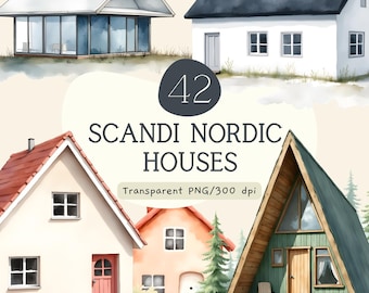 Pacchetto di clipart di case scandinave nordiche, casa minimalista ad acquerello PNG, cottage scandinavo, sublimazione per junk journal, uso commerciale