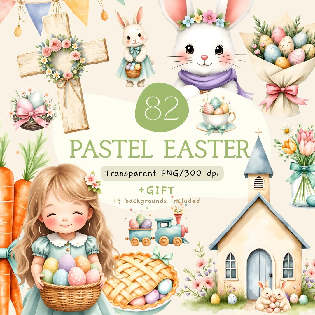 Pastel Easter Watercolor Clipart Bundle | Bunny, Eggs, Spring Flowers ...