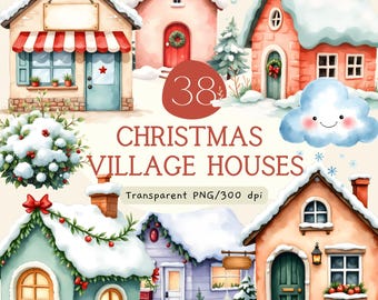 Pacchetto di clipart di casette di un villaggio natalizio, casetta innevata ad acquerello in formato PNG, casetta di un villaggio invernale, sublimazione per junk journal, uso commerciale