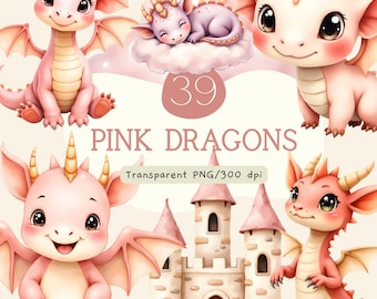 Pink Dragons Watercolor Clipart, Baby Fantasy Animal Art (Digital Download)