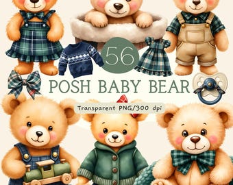 Pacchetto di clipart di orsacchiotti eleganti, orsacchiotti ad acquerello in formato PNG, decorazioni di lusso per la cameretta, baby shower, inviti, uso commerciale