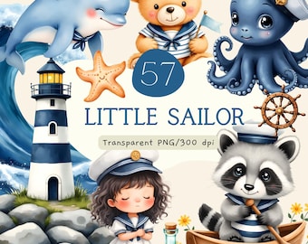 May include: A collection of nautical-themed illustrations featuring a dolphin, a teddy bear, an octopus, a lighthouse, a starfish, a ship wheel, a child, and a raccoon in a boat, all wearing sailor hats. Text reads 57 LITTLE SAILOR Transparent PNG/300 dpi.