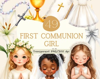 Clipart di bambina della Prima Comunione, immagine PNG ad acquerello della Santa Comunione, grafica di ragazza in preghiera, pacchetto di inviti per la Comunione, vestito bianco, uso commerciale