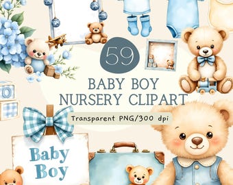 Immagini clipart di un orsetto blu per la cameretta di un neonato, pacchetto PNG ad acquerello per baby shower, grafica per culla, passeggino e vestiti per neonati.