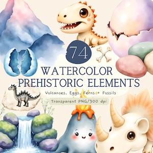 65+ prehistorische clipartbundel, aquarel dinosauruselementen PNG, vulkaaneieren, varensfossielen, dinosaurusscène kwekerijset, commercieel gebruik