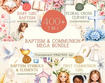Pacchetto MEGA per Battesimo e Prima Comunione, 330 clipart PNG ad acquerello, croce, angelo, comunione, pacchetto religioso, uso commerciale