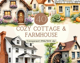 Pacchetto di clipart "Cozy Cottage Farmhouse", casa di campagna ad acquerello PNG, fienile rustico, cottage di città, sublimazione per junk journal, uso commerciale